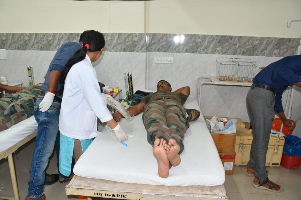A soldier is donating blood in Blood donation camp 