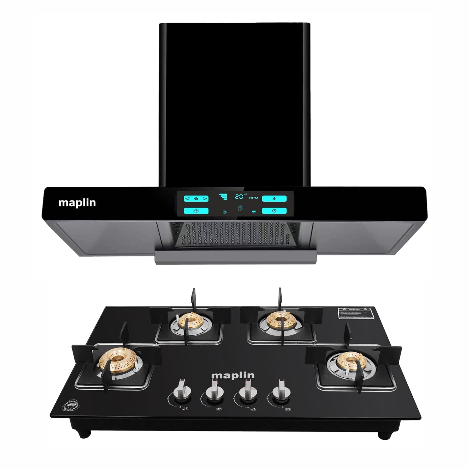 Maplin Combo of T01 Flat Glass Kitchen Chimney in 90 cm & 4 Burner Cooktop GH04 Black