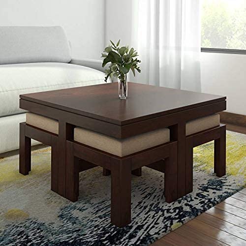 WOOD CRAFT Solid Sheesham Wood/Indian Rosewood 4 Seater Coffee Table Set
