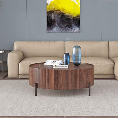 DecorNation Karsia Solid Wooden Drum Coffee Table with metal legs