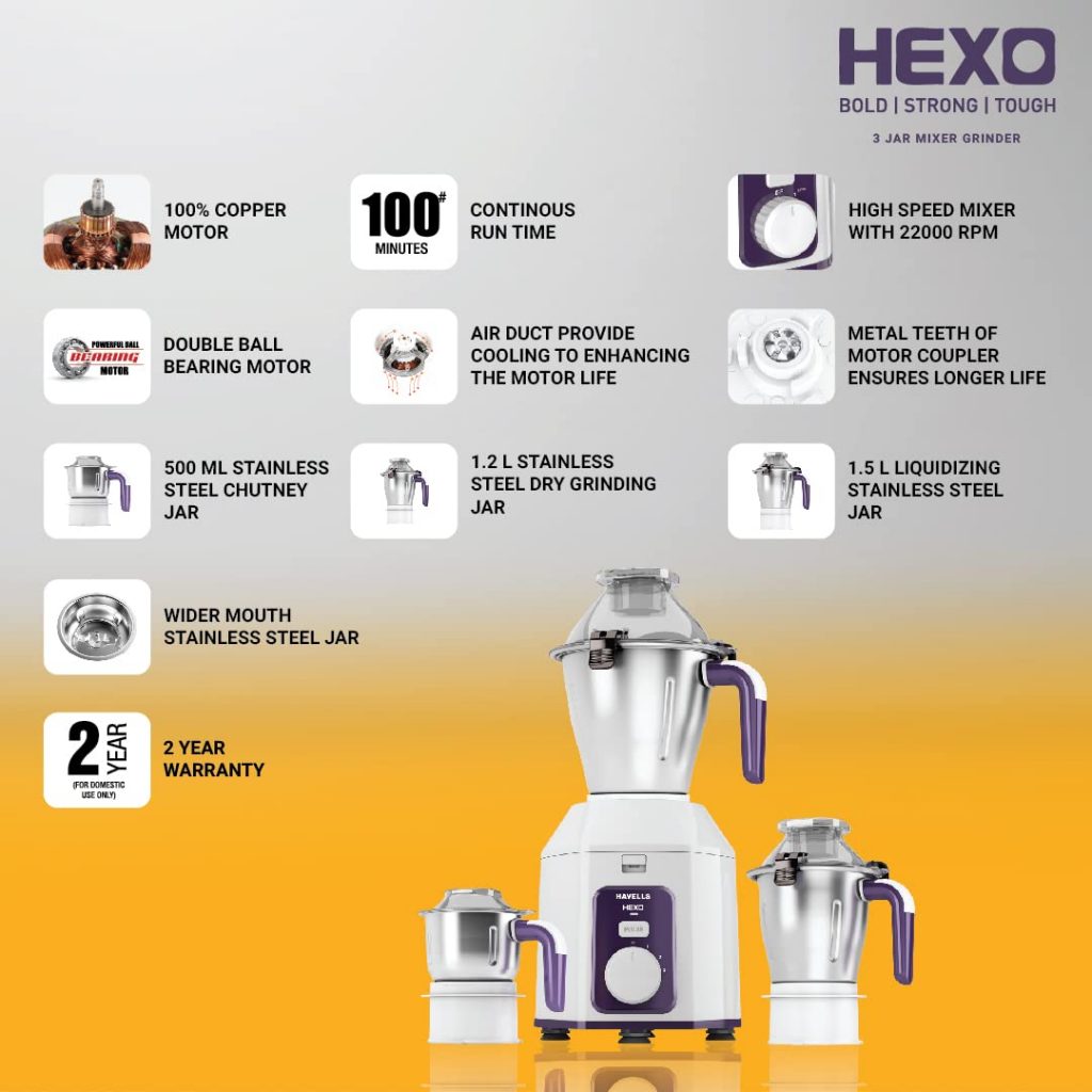 Havells Hexo 1000 watts with 3 Jar Mixer Grinder with 2 years warrenty