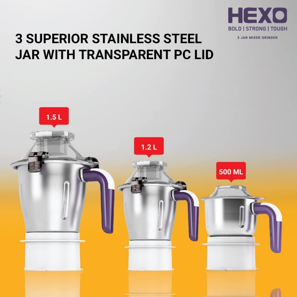 Havells Hexo 1000 watts with 3 Jar Mixer Grinder with superior steel