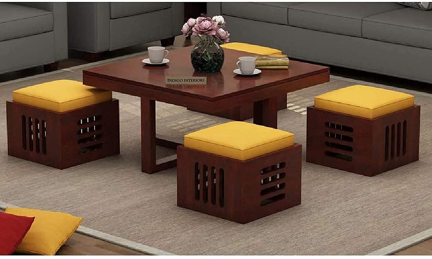 Indigo interiors Solid Sheesham Wood Coffee Table with 4 stools