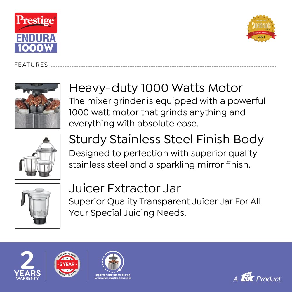 Prestige Endura 1000W Mixer Grinder 6 Jars with warrenty of 5 years
