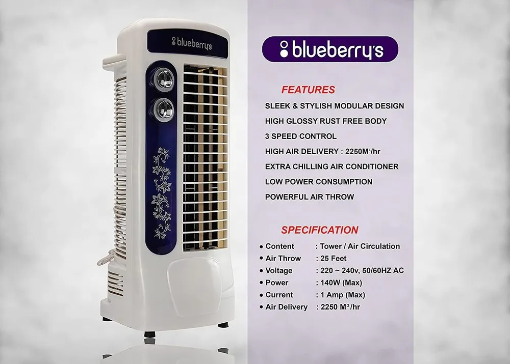 Blueberry's High Speed Tower Fan 160W with 25 Feet Air Delivery 4 way air flow