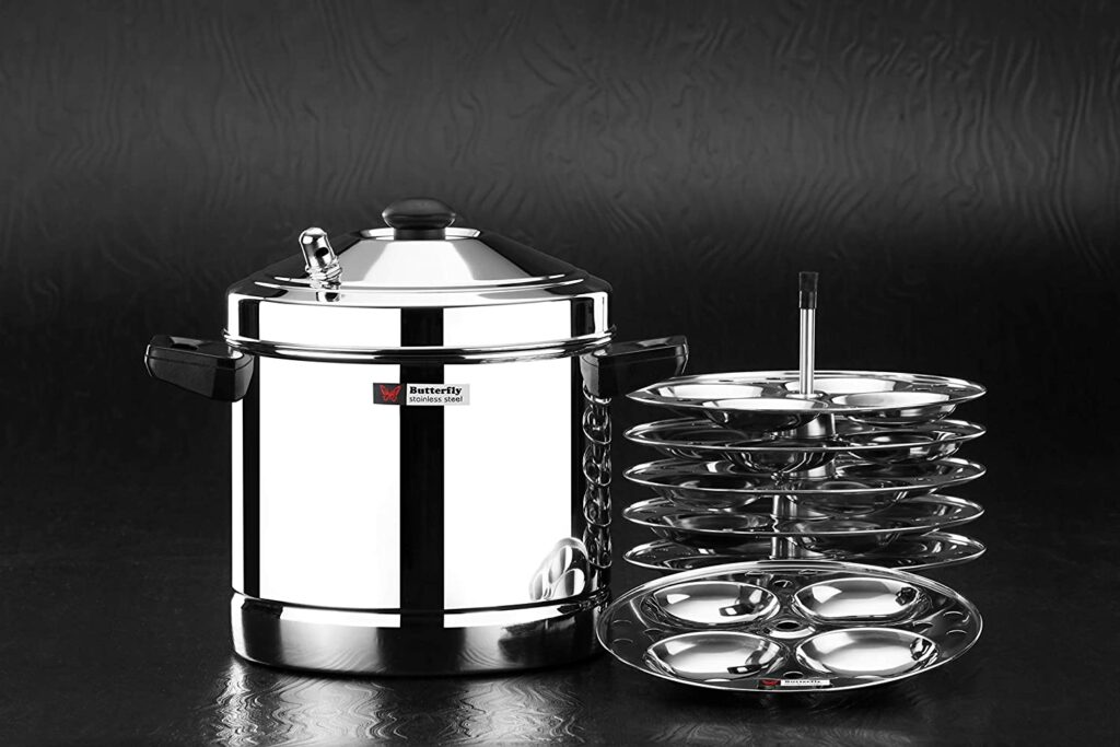 Butterfly Stainless Steel Idli Cooker, Idly Maker with 6 Plates, 24 idlis, Silver
