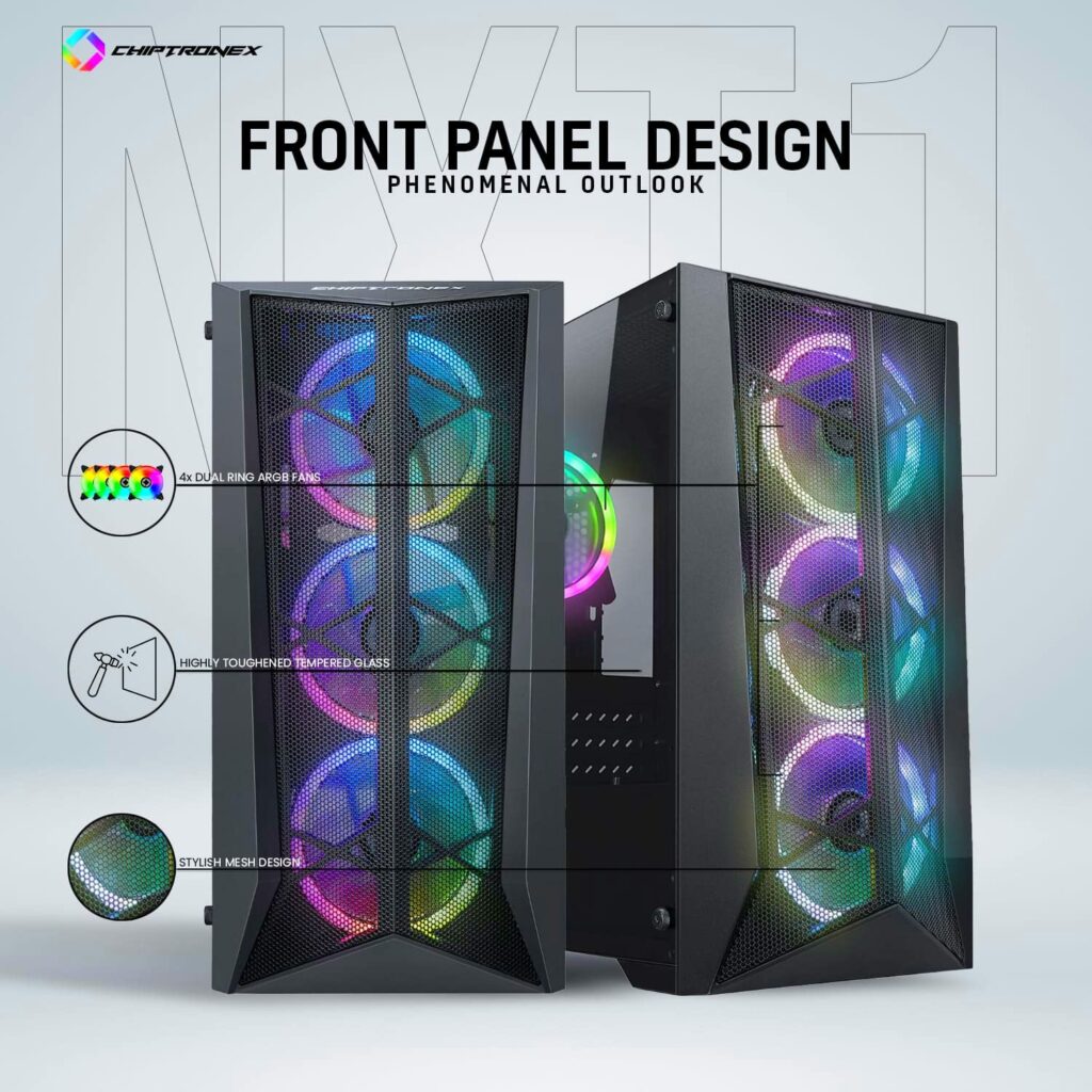 CHIPTRONEX NXT1 MESH Mid Tower gaming computer set with front panel design
