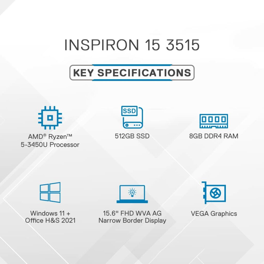 Dell Windows Inspiron 3515 Laptop, AMD Ryzen 5-3450U with key specifications