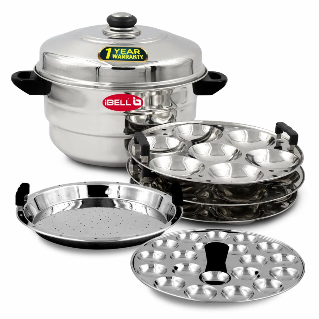 IBELL Stainless Steel Idly Pot with Steamer and Mini 3 Idli Plates , Silver