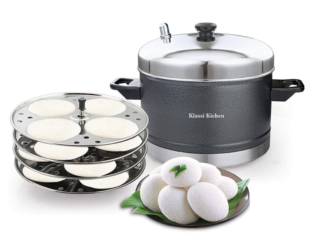 KLASSI KICHEN Stainless Steel Idly Cooker, Induction and Gas Stove Compatible Idli Maker (Silver; 16 Idlies) 4-Plates