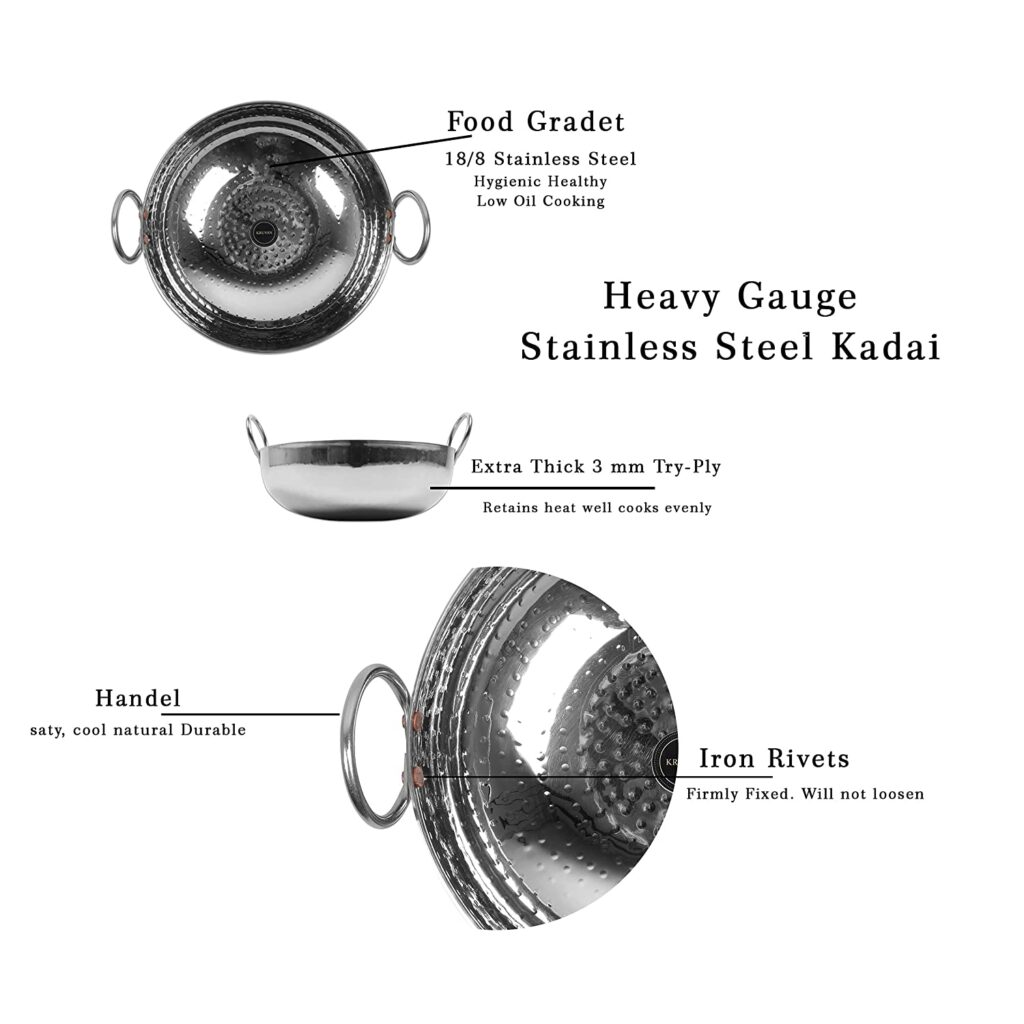 Kruvan Stainless Steel Hammered Heavy Bottom Cookware Kadai for kitchen
