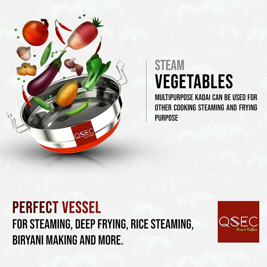 QSEC Big Size Premium Food grade Stainless Steel Idli dhokla Cooker  with multipurpose karai steamer