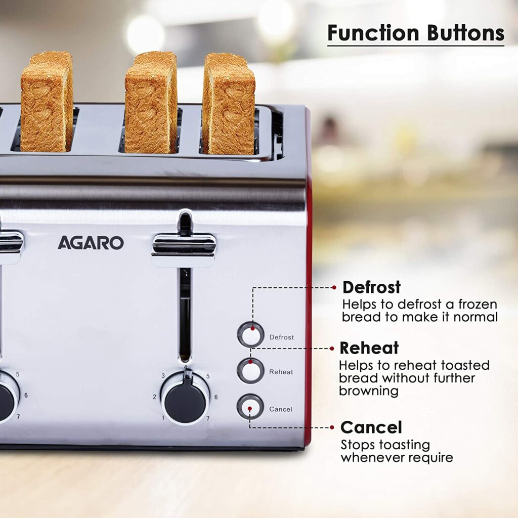 AGARO Grand Stainless Steel 4 Slice Pop-up Toaster with Dual Control of Cancel