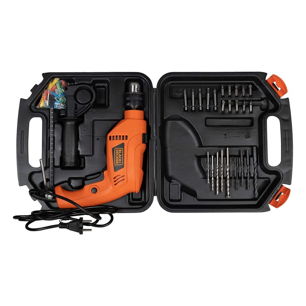 BLACK+DECKER KR554RE Corded Variable Speed Reversible Hammer Drill Machine with Lock-On & 4 Drill Bits, 550 Watts 13 millimeters 2800 RPM, For Home & DIY Use, 1 Year Warranty - RED
