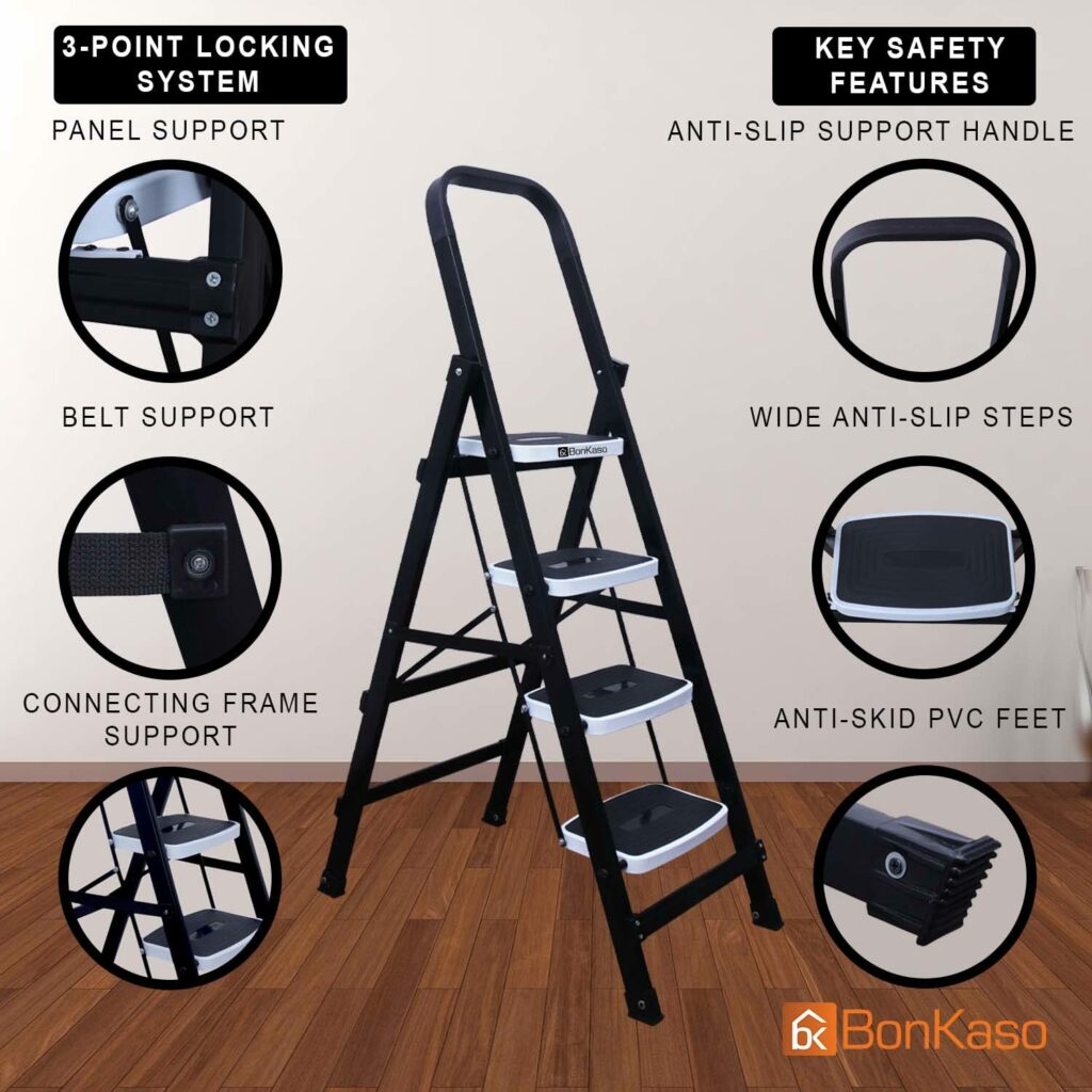 BonKaso Premium Alloy Steel Folding 4 Step Ladder for Home with anti skid PVC feet