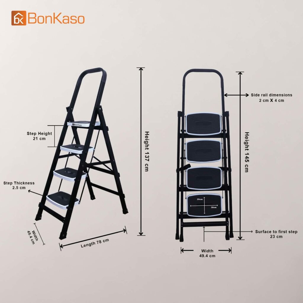 BonKaso Premium Alloy Steel Folding 4 Step Ladder for Home with wide anti skid steps
