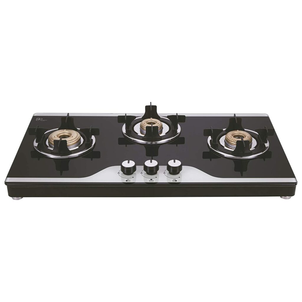 Elica Slimmest 3 Burner Gas Stove with Double Drip Tray and Forged Brass Burners (773 CT VETRO (TKN CROWN DT MI))