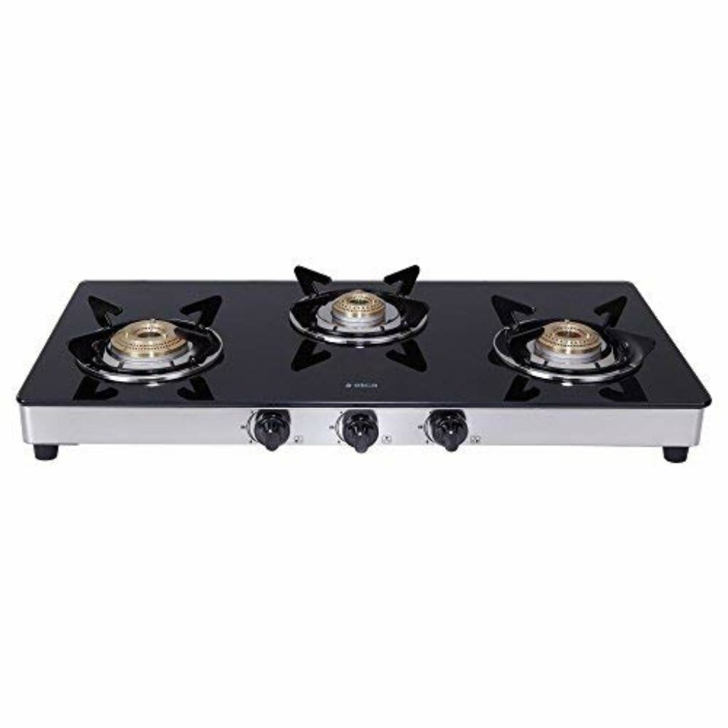 Elica Vetro Glass Top 3 Burner Gas Stove with Double Drip Tray (773 CT DT VETRO), Black