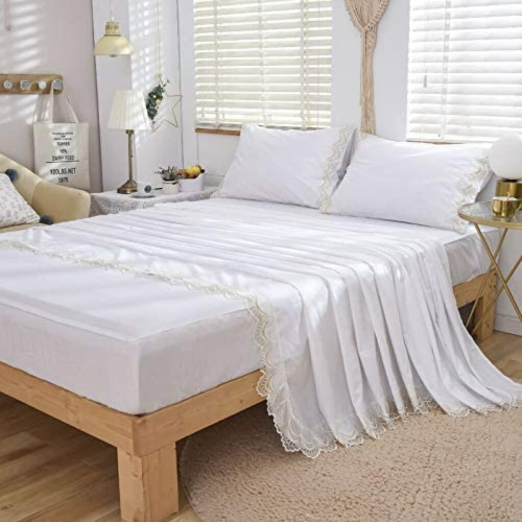 FADFAY White Sheets King Size Lace Bed Sheet 100% Cotton