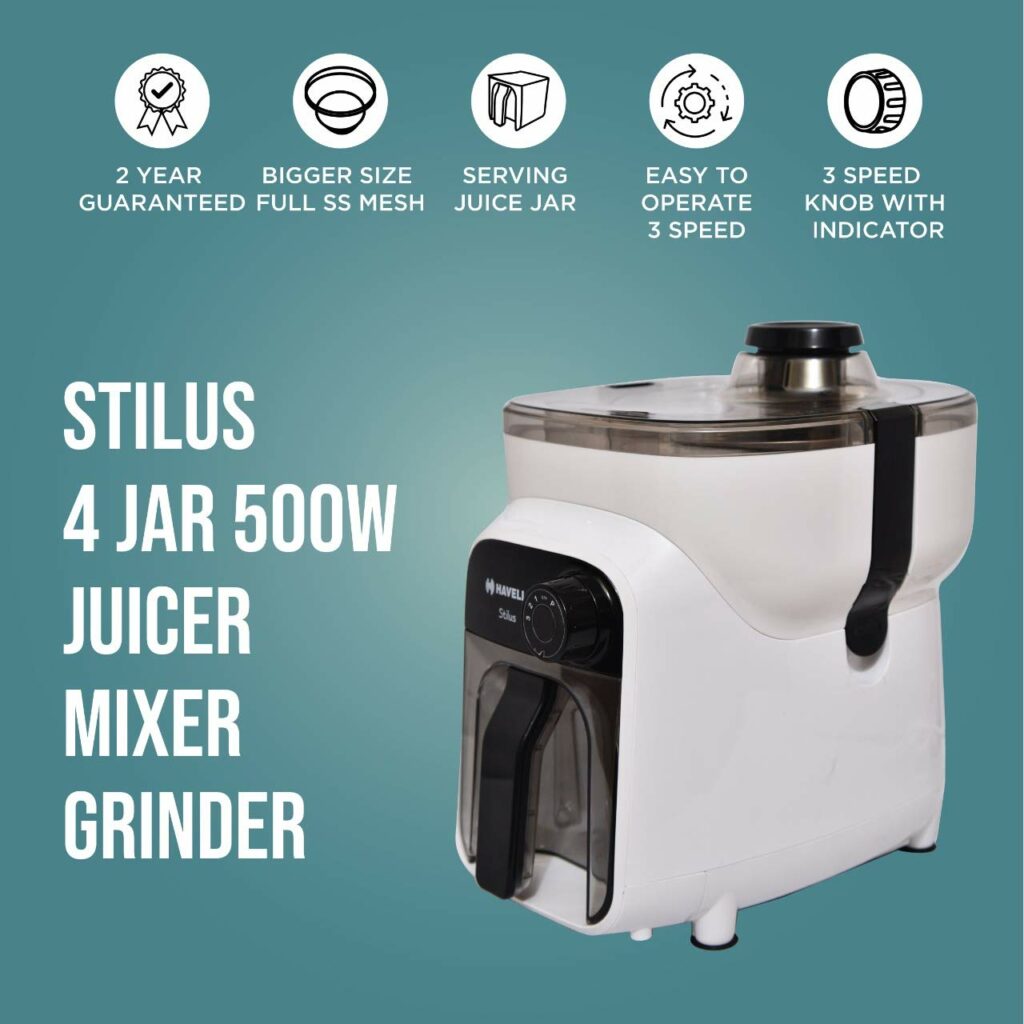 Havells Stilus 500 Watt Juicer Mixer Grinder 4 jar with 3 Speed LED Indication, Big Size Pulp Container, Juicer Jar with Fruit Filter & Sliding Spout, 1 Ltr Transparent Serving Jar