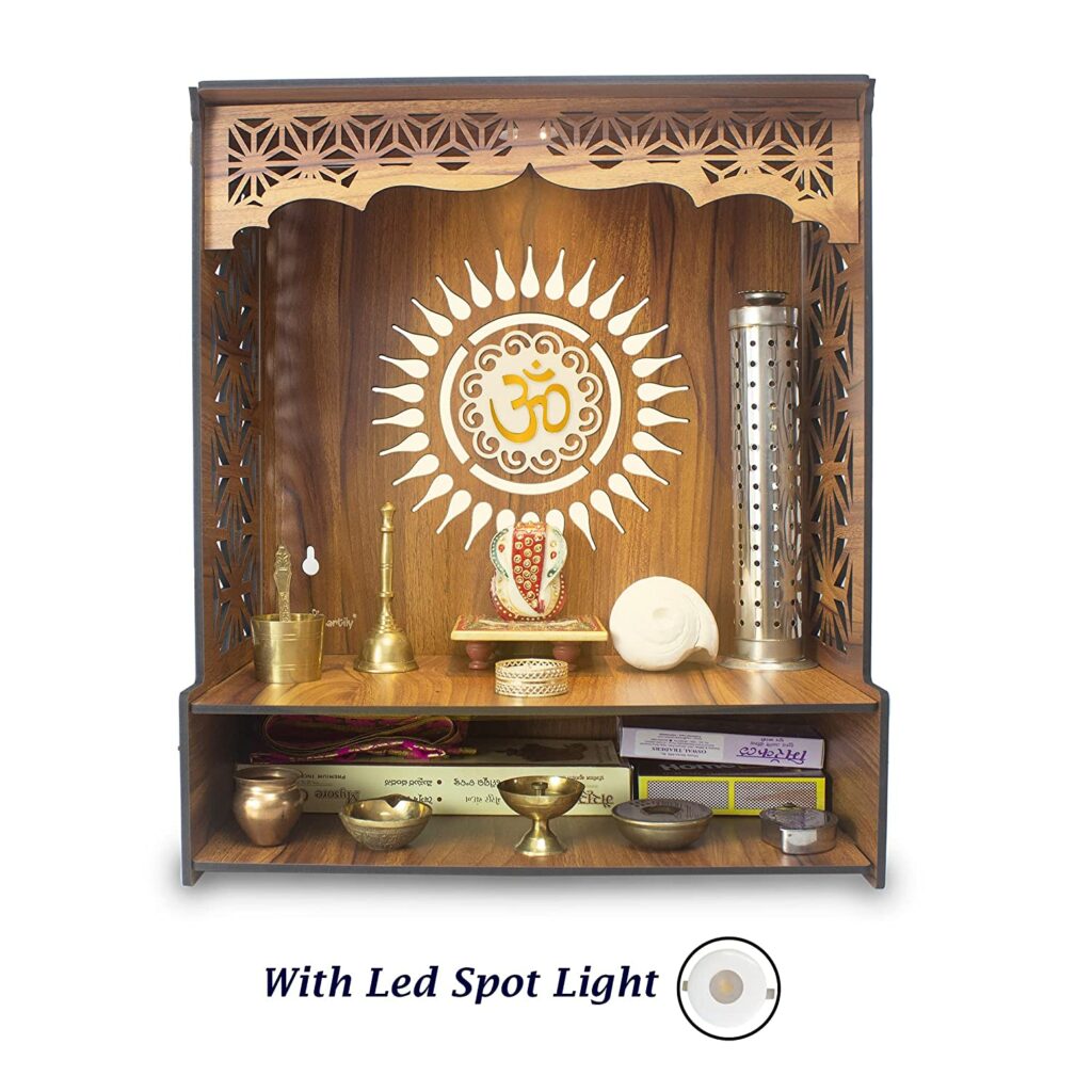 Heartily® Shree Beautiful Wooden Pooja Stand  Mandir for Home and Office Wall with LED Spot Light