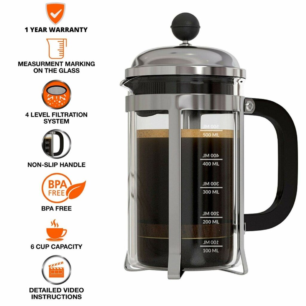InstaCuppa French Press Coffee Maker with 1 year warranty