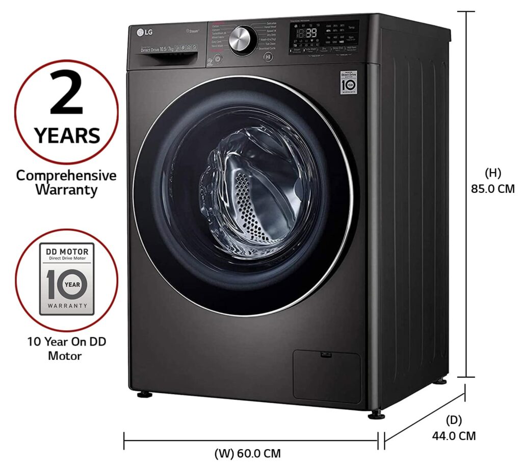 LG 10.5 Kg  7.0 Kg Inverter Front Load Wi-Fi Washer Dryer (FHD1057STB, Black Steel