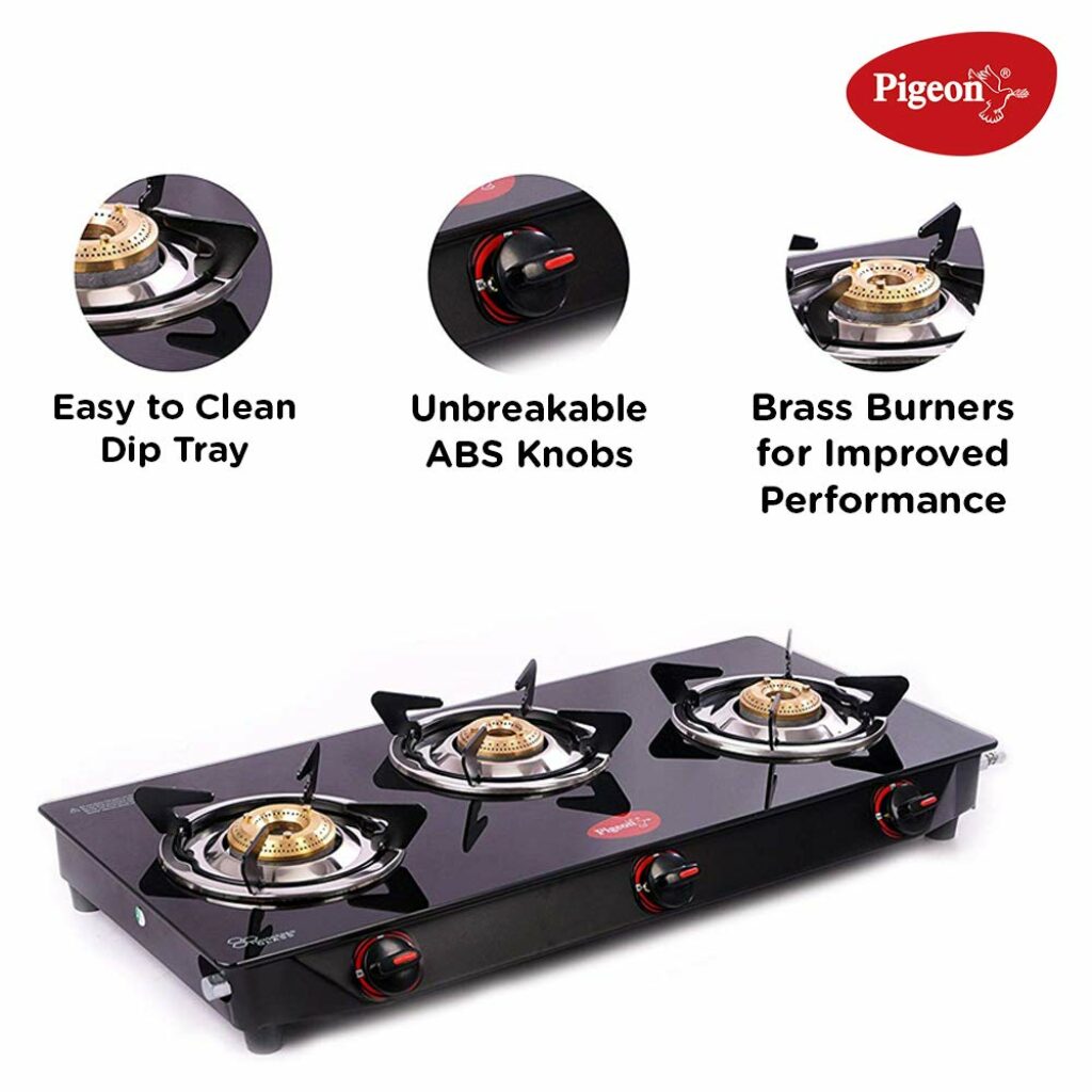 Pigeon by Stovekraft Aster 3 Burner Gas Stove with High Powered Brass Burner Gas Cooktop, Cooktop with Glass Top and Powder Coated Body