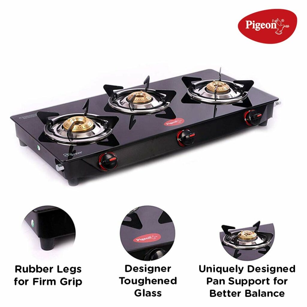 Pigeon by Stovekraft Aster 3 Burner Gas Stove with High Powered Brass Burner Gas Cooktop, Cooktop with Glass Top and Powder Coated Body, Black, Manual Ignition,