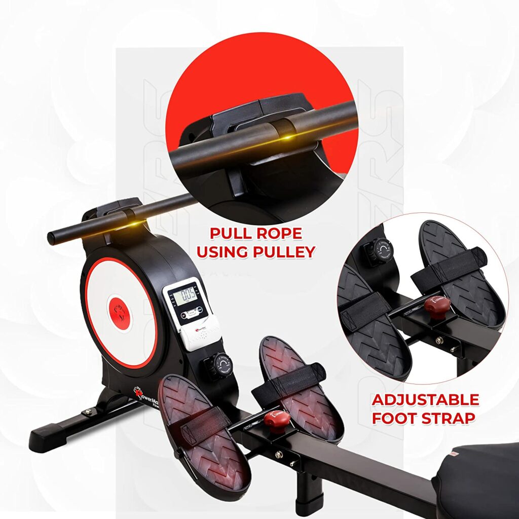 PowerMax Fitness RH-150 Foldable Exercise Rowing Machine with Magnetic Resistance, Pull rope using pulley, LCD Monitor