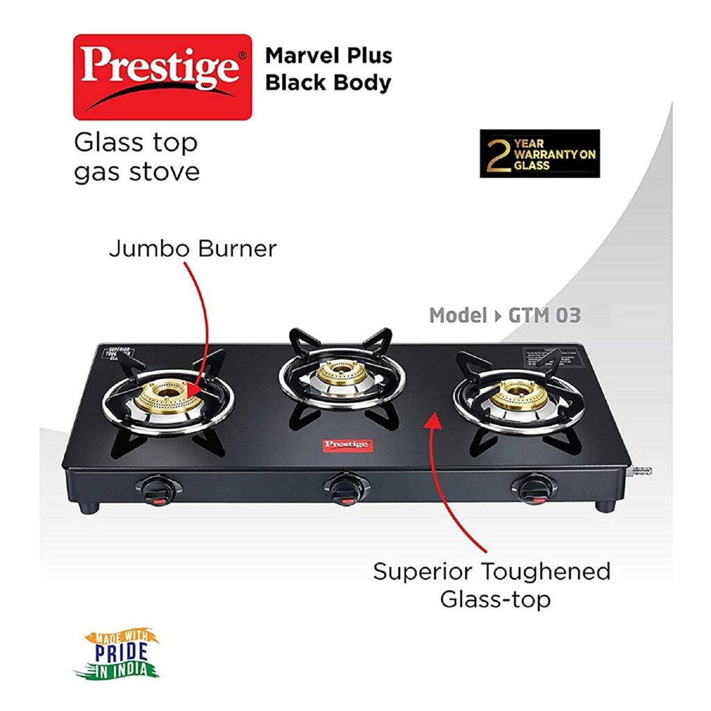 Prestige Marvel Plus 3 burner Glass top, GTM 03, Black, Manual Ignition with 2 years warranty