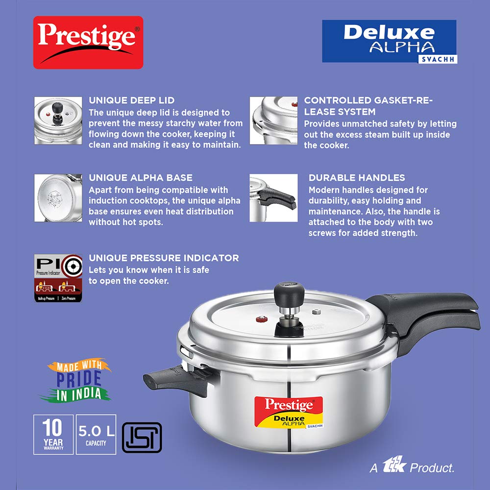 Prestige Svachh, 20255, 5 L, Deep Pressure Pan, with Deep Lid for Spillage