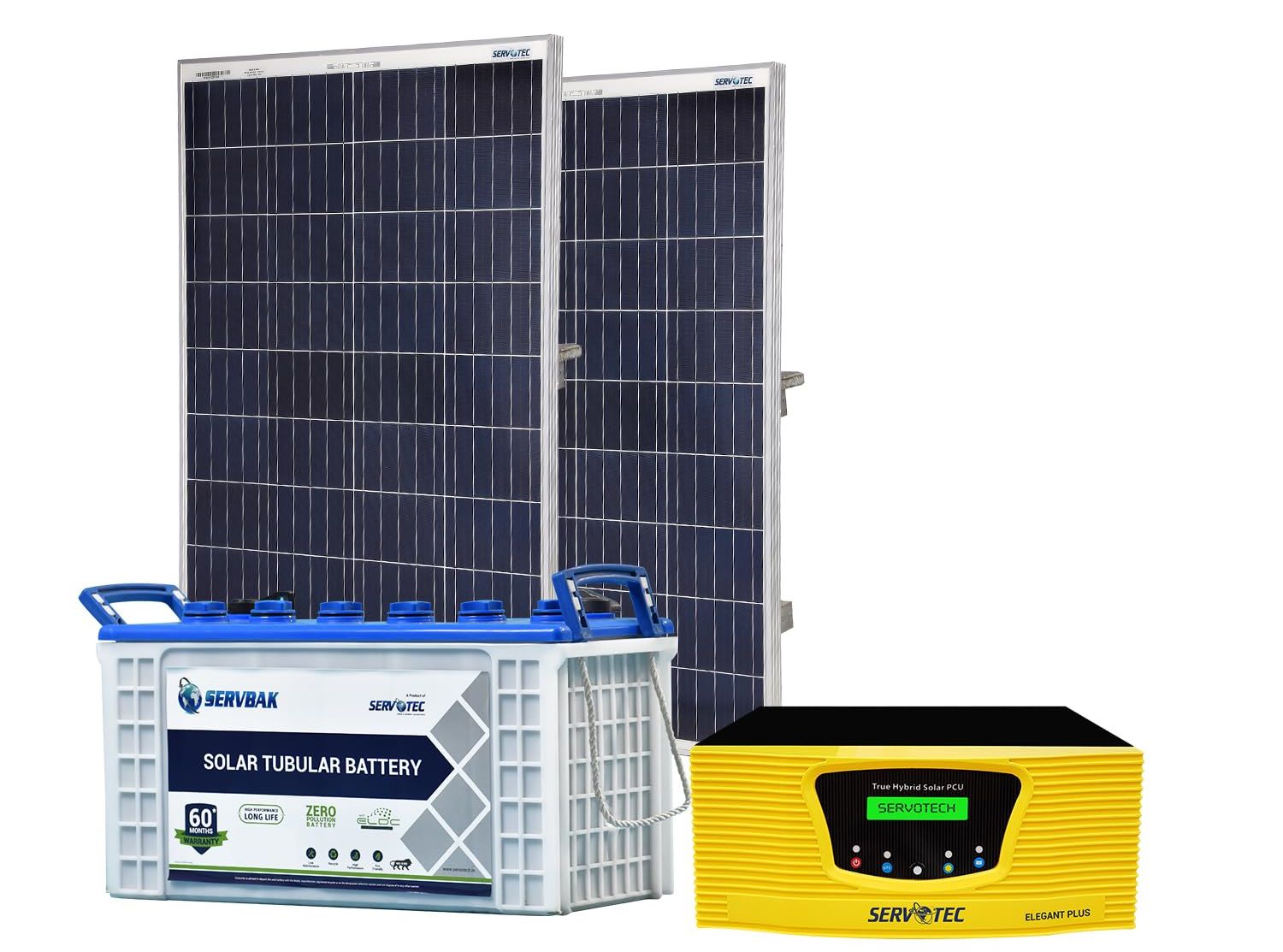 Servotech Solar PCU 1kW + 40AH Tubular Battery + Solar Panel 2 Pcs