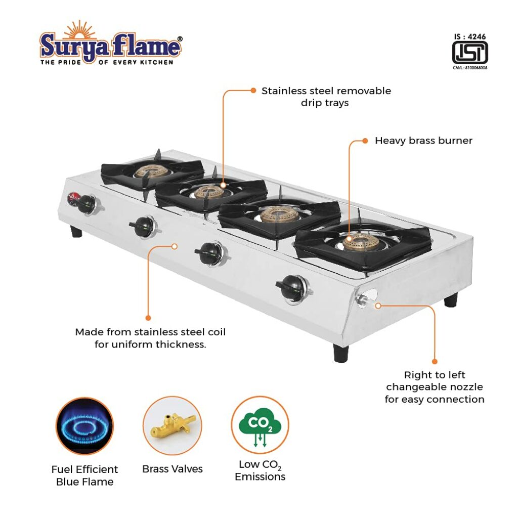 Surya Flame Capri 4 Burner Stainless Steel Gas Stove  auto ignition comes with 4 brass
