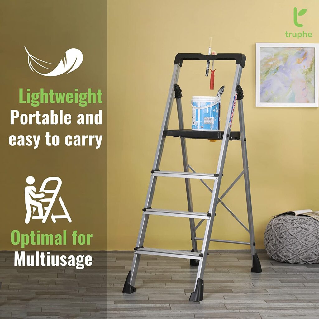 TRUPHE Alair Foldable 4 Step Ladder for Home and Office Use aluminium