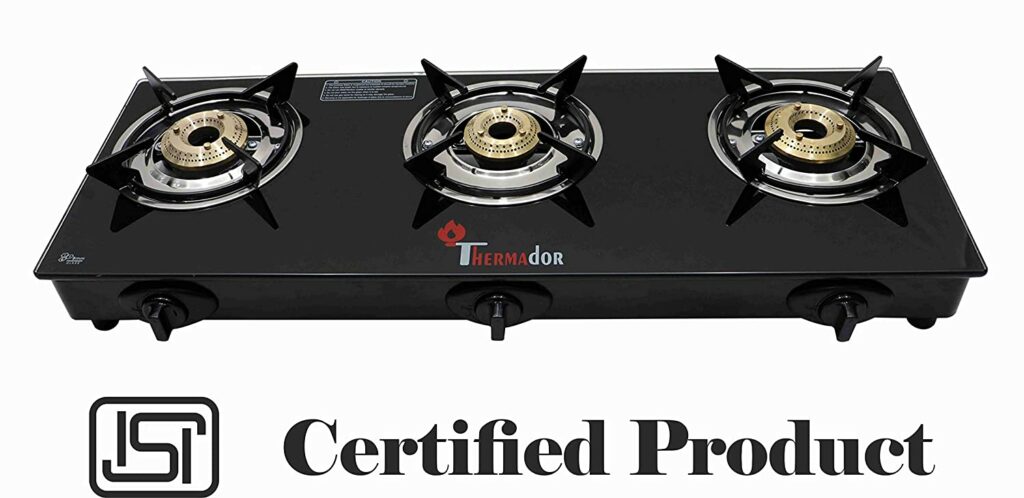 Thermador Toughened ISI Certified 3 Brass Burner Glass Gas Stove (LPG Use Only, Auto Ignition, Black)