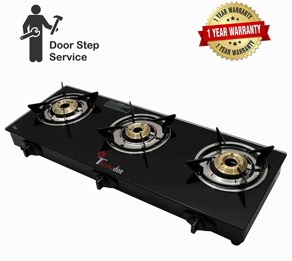Thermador Toughened ISI Certified 3 Brass Burner Glass Gas Stove with 1 year warranty