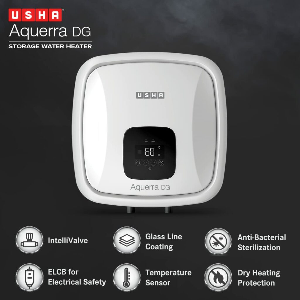 Usha Aquerra Dg 15 Litre 5 Star Digital Storage Water Heater With Remote (White), Wall Mounting