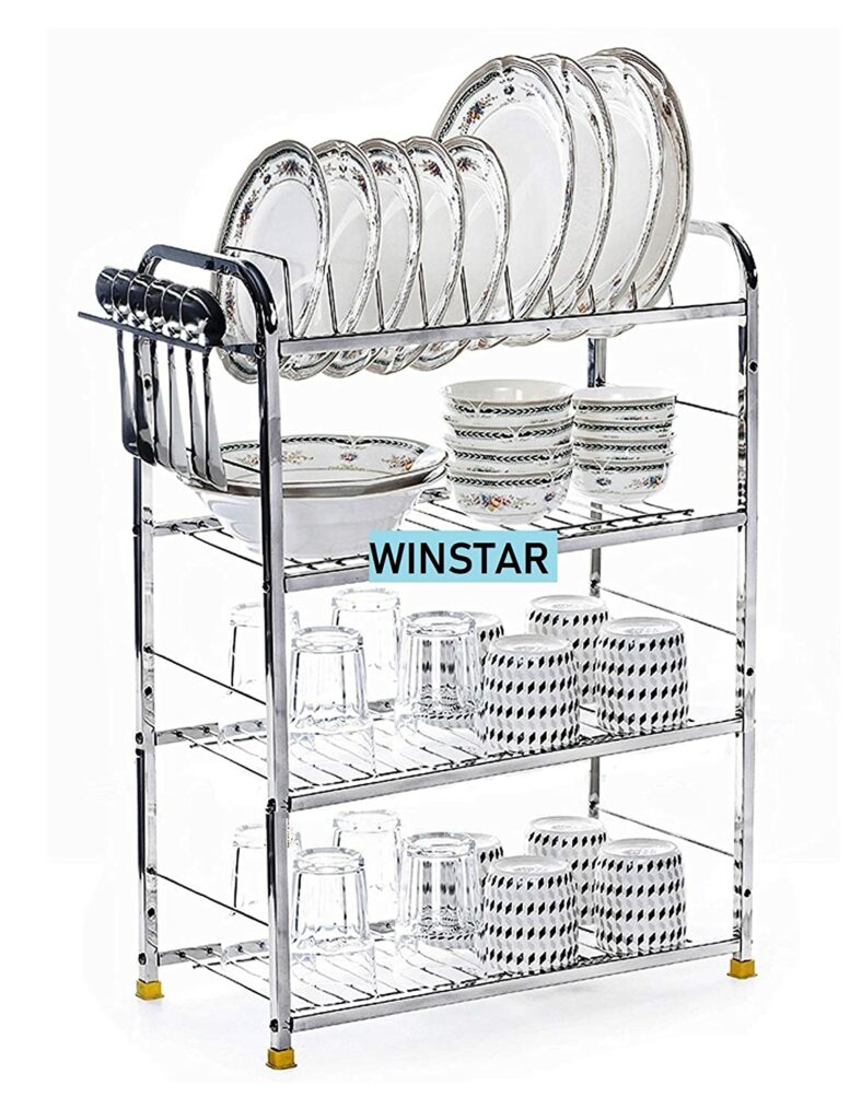 WINSTAR Stainless Steel 4 Shelf Wall Mount Kitchen Utensils Rack  with plate and cutlery stand