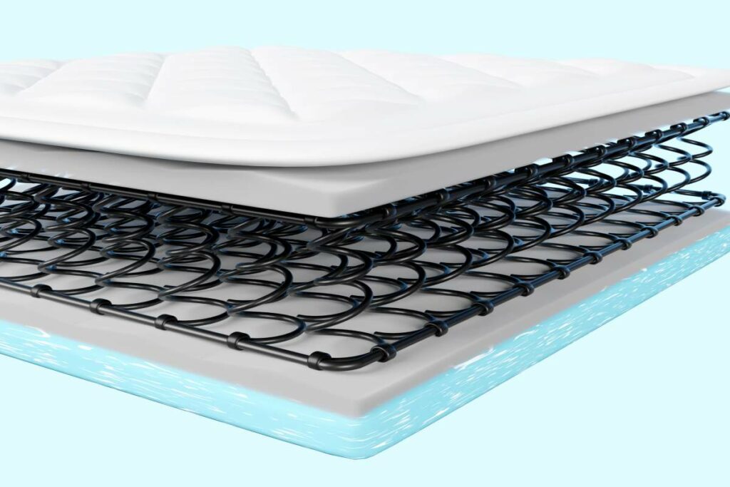 An inner spring mattress with a blue cover on top.