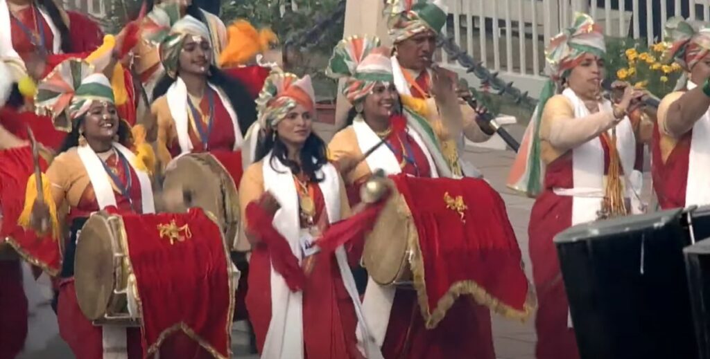 A group of Women Parade on India's 75th Republic day Republic Day with Dhol, Shank, Naadswaram and Nagada